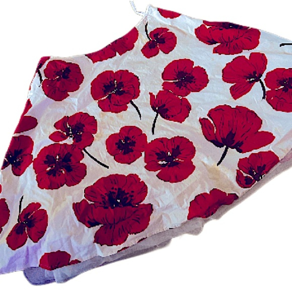 Red and White Poppy Floral Full A-Line Skirt